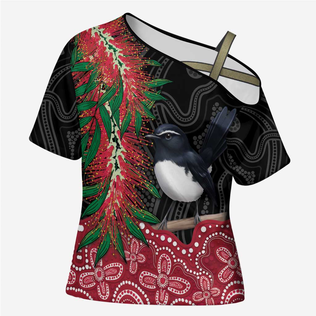 Willie wagtail Australia Cross Shoulder Shirt Aussie Bottlebrushes Aboriginal Art - Aussie Hoodie