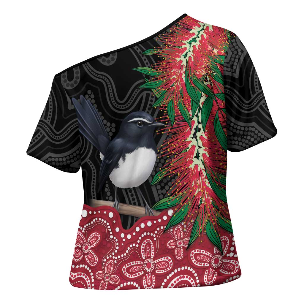 Willie wagtail Australia Cross Shoulder Shirt Aussie Bottlebrushes Aboriginal Art - Aussie Hoodie