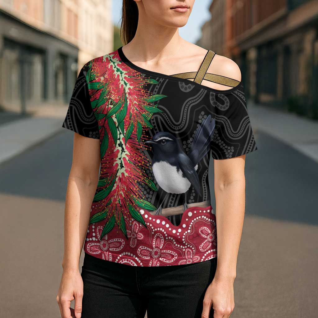 Willie wagtail Australia Cross Shoulder Shirt Aussie Bottlebrushes Aboriginal Art - Aussie Hoodie
