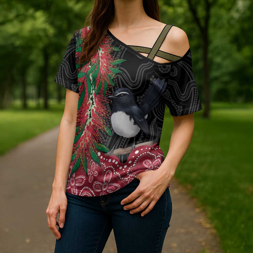 Willie wagtail Australia Cross Shoulder Shirt Aussie Bottlebrushes Aboriginal Art - Aussie Hoodie