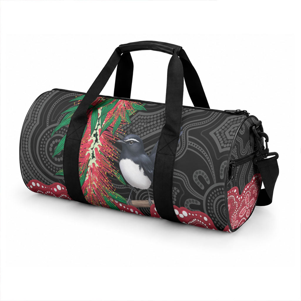 Willie wagtail Australia Duffle Bag Aussie Bottlebrushes Aboriginal Art