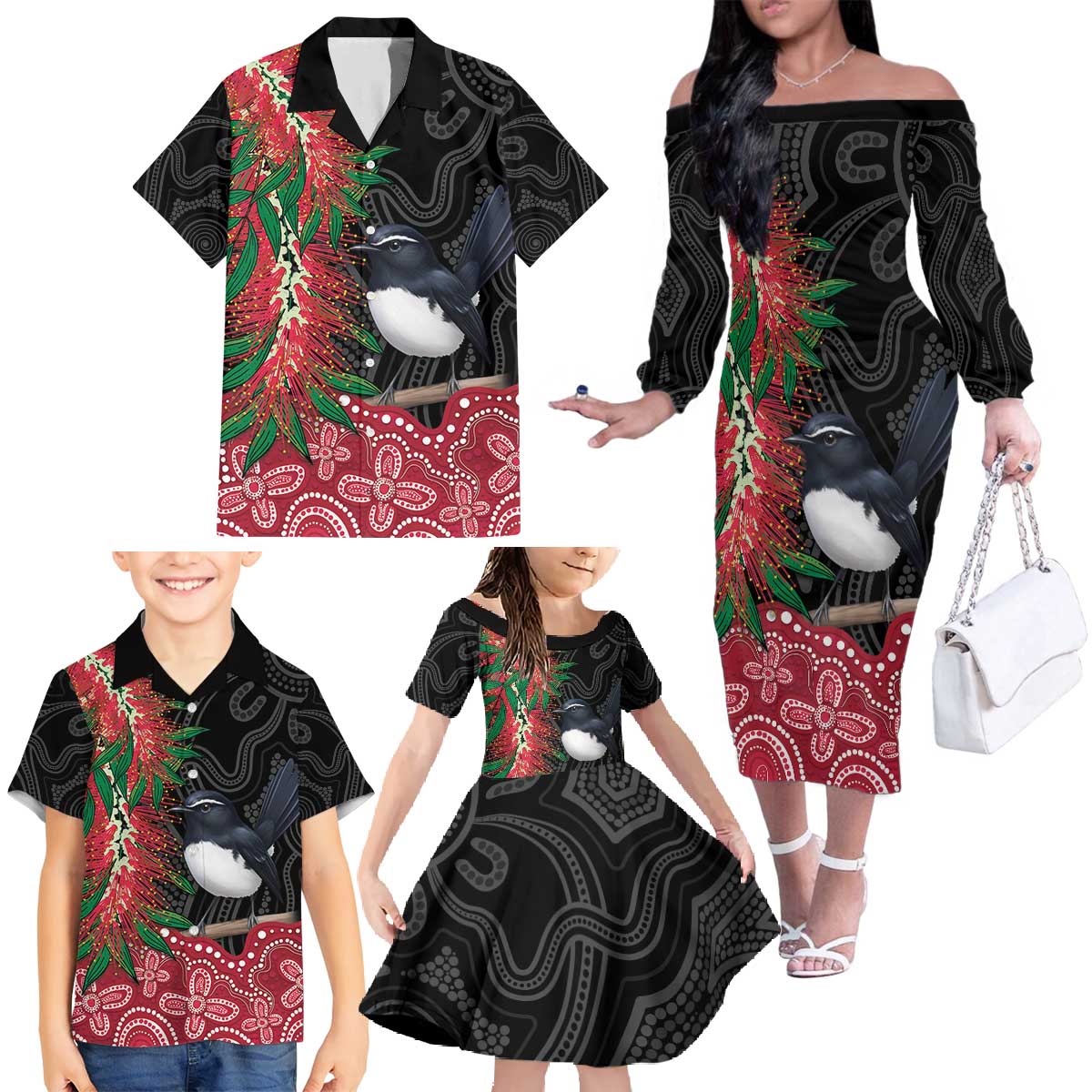 Willie wagtail Australia Family Matching Off The Shoulder Long Sleeve Dress and Hawaiian Shirt Aussie Bottlebrushes Aboriginal Art - Aussie Hoodie