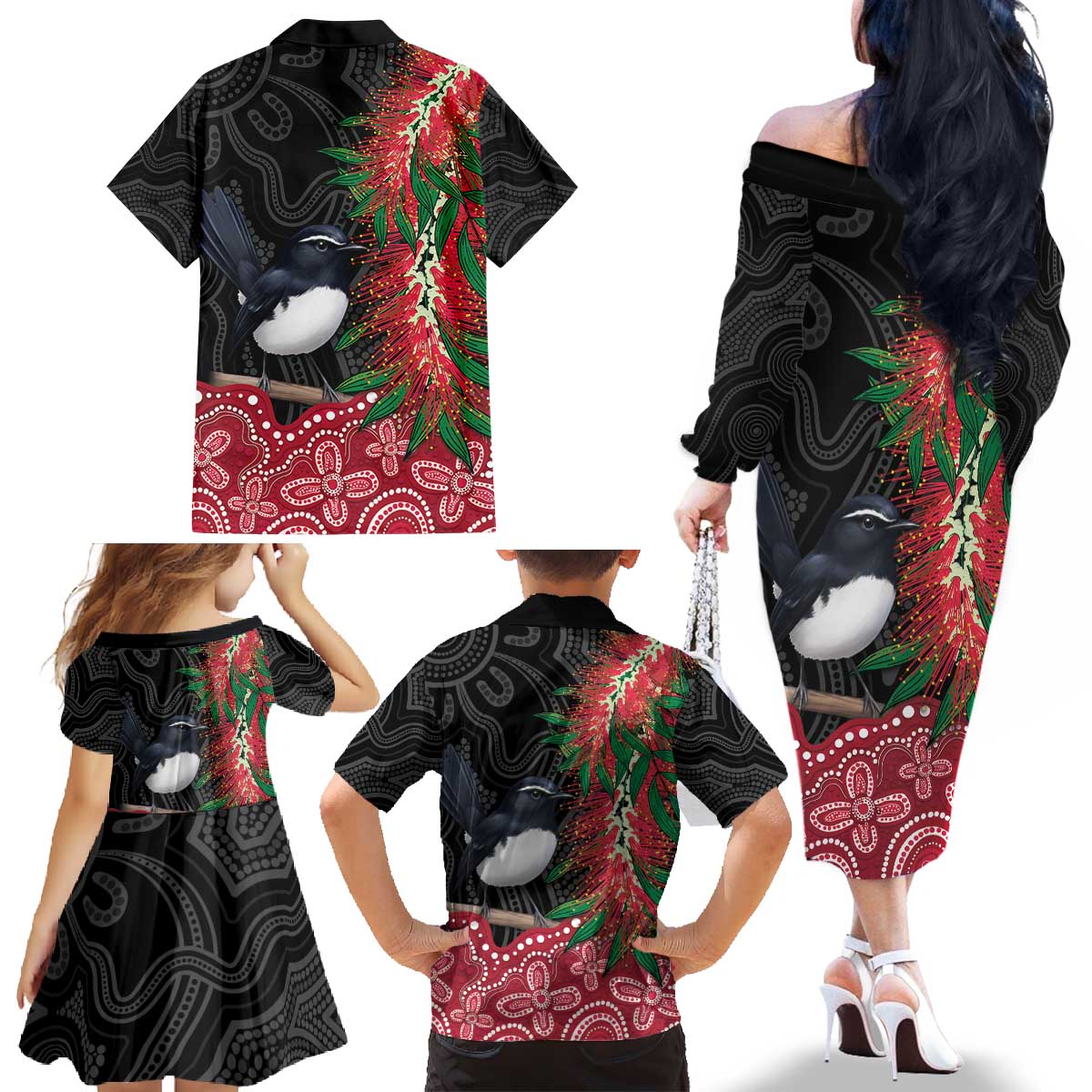 Willie wagtail Australia Family Matching Off The Shoulder Long Sleeve Dress and Hawaiian Shirt Aussie Bottlebrushes Aboriginal Art - Aussie Hoodie