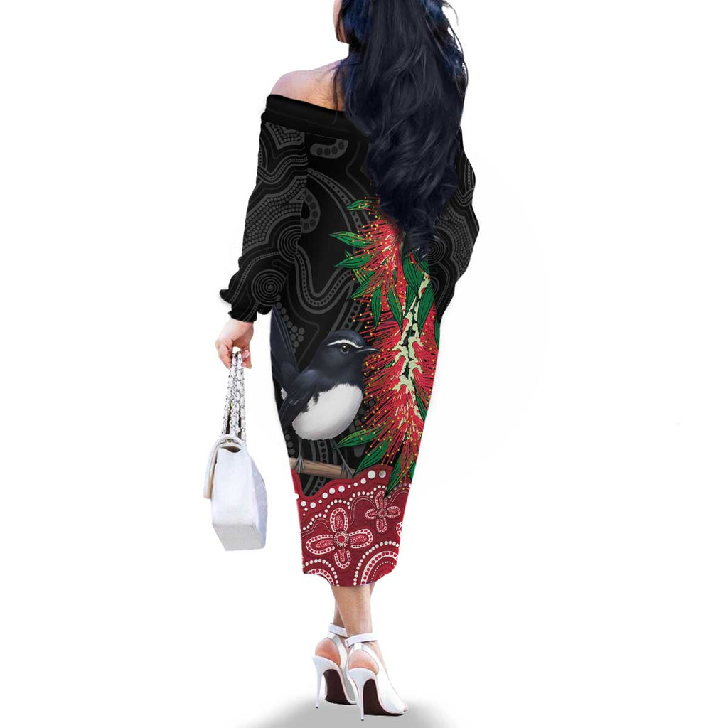 Willie wagtail Australia Family Matching Off The Shoulder Long Sleeve Dress and Hawaiian Shirt Aussie Bottlebrushes Aboriginal Art - Aussie Hoodie