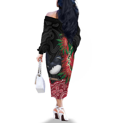 Willie wagtail Australia Family Matching Off The Shoulder Long Sleeve Dress and Hawaiian Shirt Aussie Bottlebrushes Aboriginal Art - Aussie Hoodie