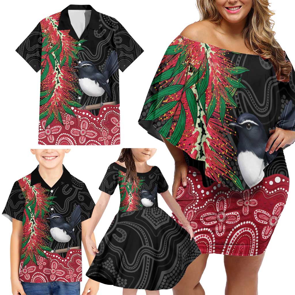 Willie wagtail Australia Family Matching Off Shoulder Short Dress and Hawaiian Shirt Aussie Bottlebrushes Aboriginal Art - Aussie Hoodie