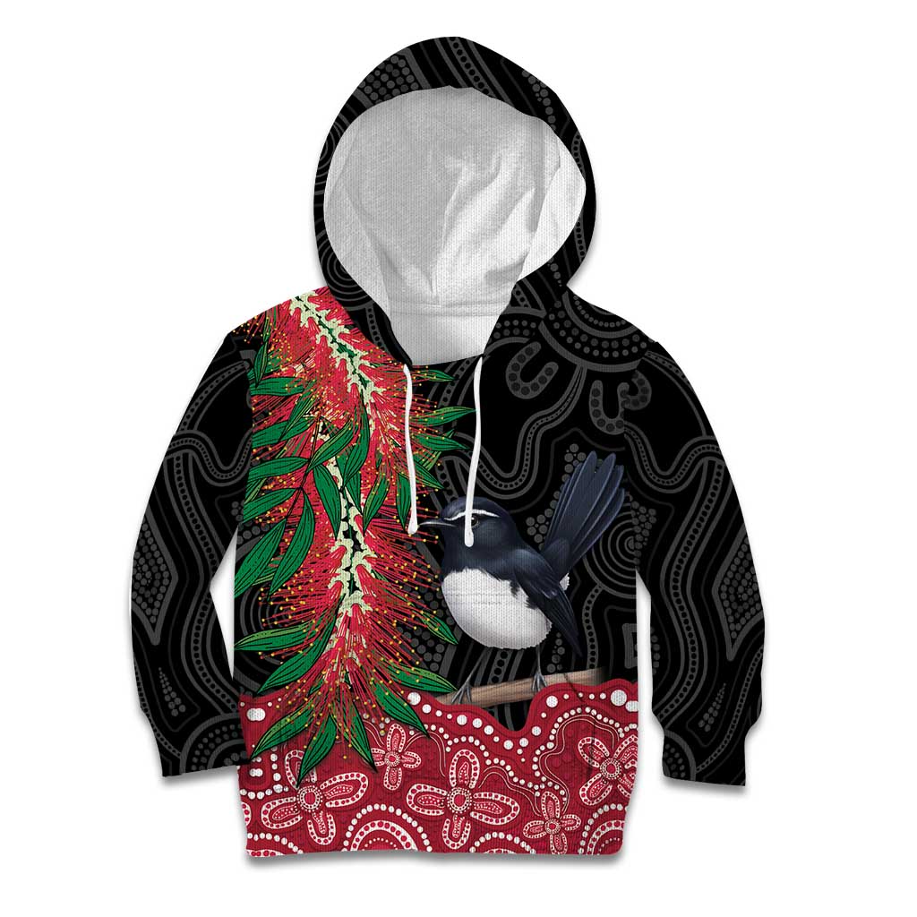 Willie wagtail Australia Kid Hoodie Aussie Bottlebrushes Aboriginal Art - Aussie Hoodie