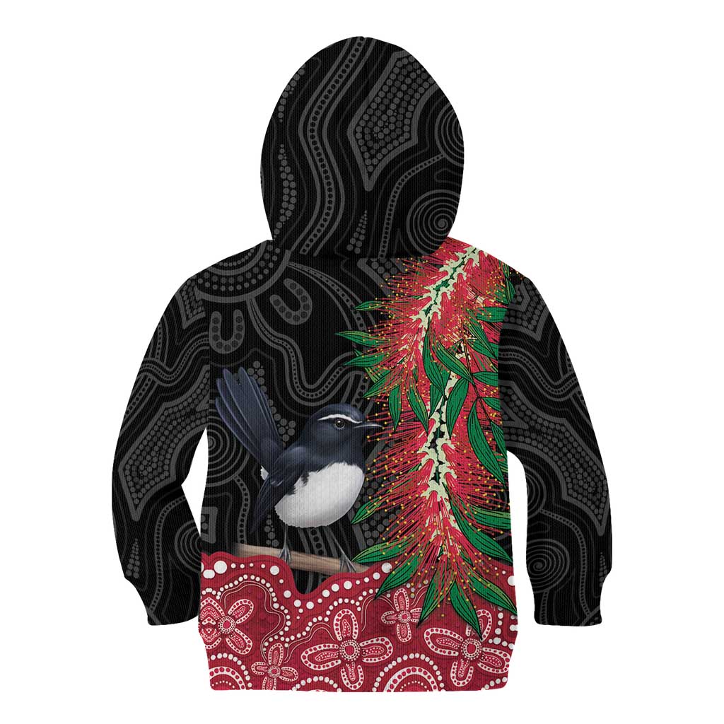 Willie wagtail Australia Kid Hoodie Aussie Bottlebrushes Aboriginal Art - Aussie Hoodie