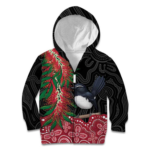 Willie wagtail Australia Kid Hoodie Aussie Bottlebrushes Aboriginal Art - Aussie Hoodie