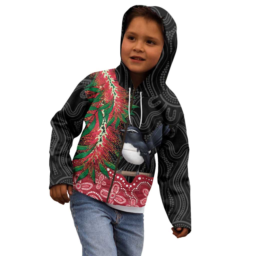 Willie wagtail Australia Kid Hoodie Aussie Bottlebrushes Aboriginal Art - Aussie Hoodie