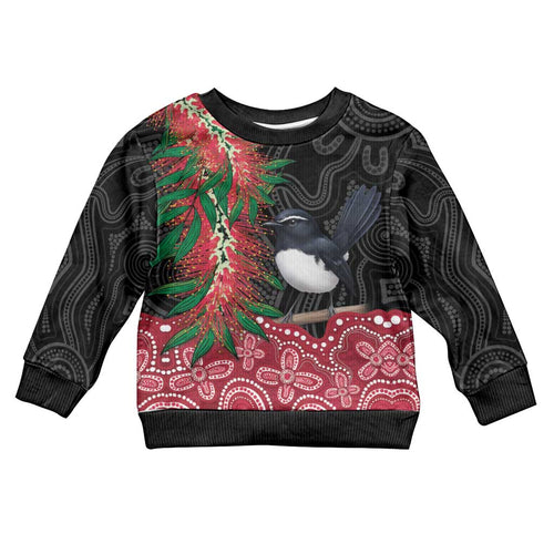 Willie wagtail Australia Kid Ugly Christmas Sweater Aussie Bottlebrushes Aboriginal Art - Aussie Hoodie