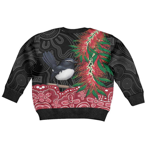 Willie wagtail Australia Kid Ugly Christmas Sweater Aussie Bottlebrushes Aboriginal Art - Aussie Hoodie