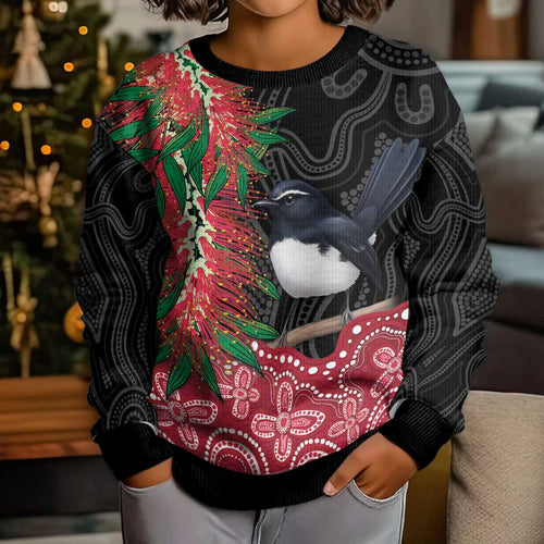 Willie wagtail Australia Kid Ugly Christmas Sweater Aussie Bottlebrushes Aboriginal Art - Aussie Hoodie