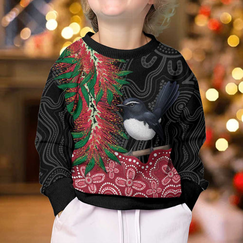 Willie wagtail Australia Kid Ugly Christmas Sweater Aussie Bottlebrushes Aboriginal Art - Aussie Hoodie