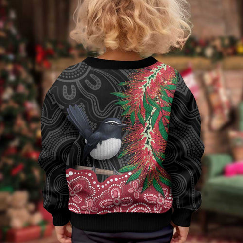Willie wagtail Australia Kid Ugly Christmas Sweater Aussie Bottlebrushes Aboriginal Art - Aussie Hoodie