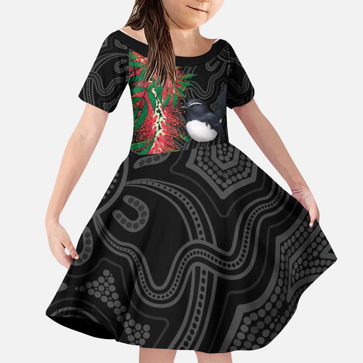 Willie wagtail Australia Kid Short Sleeve Dress Aussie Bottlebrushes Aboriginal Art - Aussie Hoodie