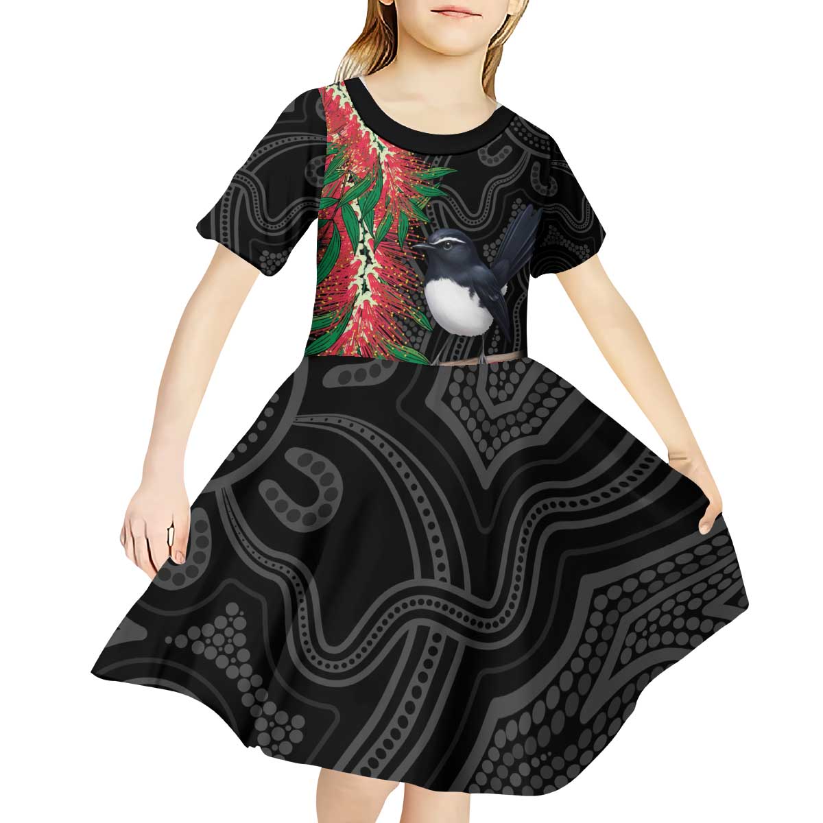 Willie wagtail Australia Kid Short Sleeve Dress Aussie Bottlebrushes Aboriginal Art - Aussie Hoodie