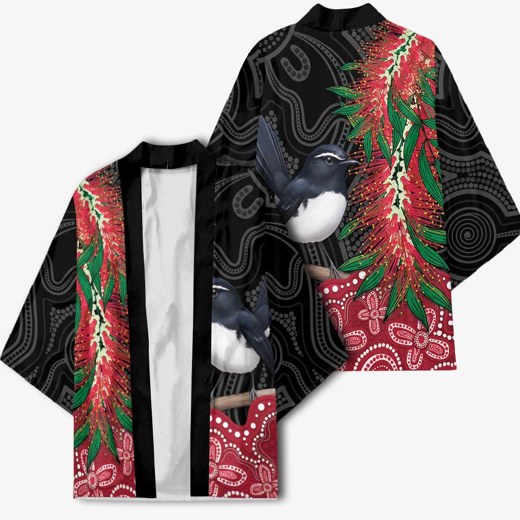 Willie wagtail Australia Kimono Aussie Bottlebrushes Aboriginal Art - Aussie Hoodie