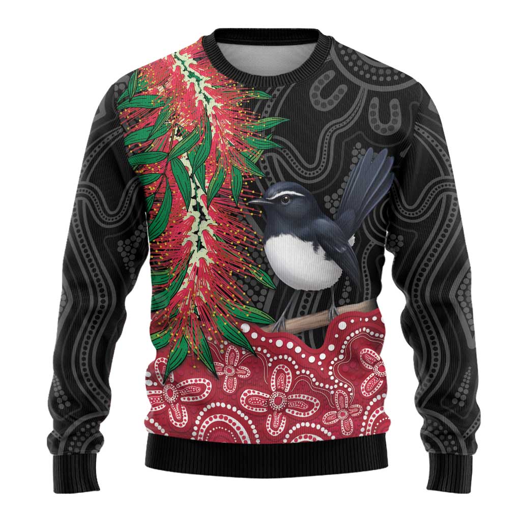 Willie wagtail Australia Ugly Christmas Sweater Aussie Bottlebrushes Aboriginal Art - Aussie Hoodie