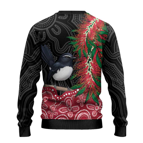 Willie wagtail Australia Ugly Christmas Sweater Aussie Bottlebrushes Aboriginal Art - Aussie Hoodie