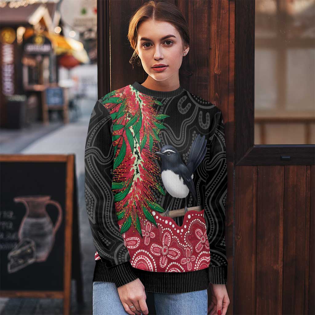 Willie wagtail Australia Ugly Christmas Sweater Aussie Bottlebrushes Aboriginal Art - Aussie Hoodie