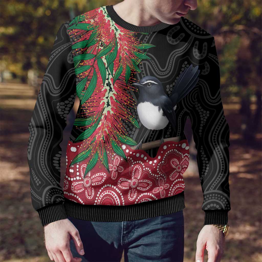 Willie wagtail Australia Ugly Christmas Sweater Aussie Bottlebrushes Aboriginal Art - Aussie Hoodie
