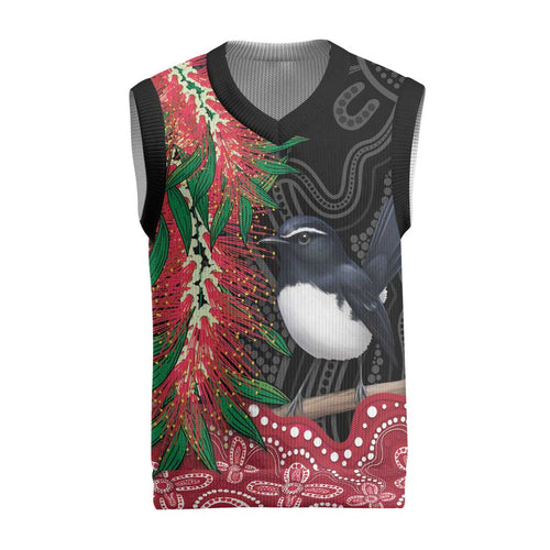 Willie wagtail Australia Christmas Knitted V-Neck Vest Aussie Bottlebrushes Aboriginal Art - Aussie Hoodie