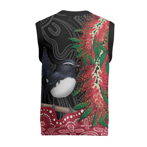 Willie wagtail Australia Christmas Knitted V-Neck Vest Aussie Bottlebrushes Aboriginal Art - Aussie Hoodie