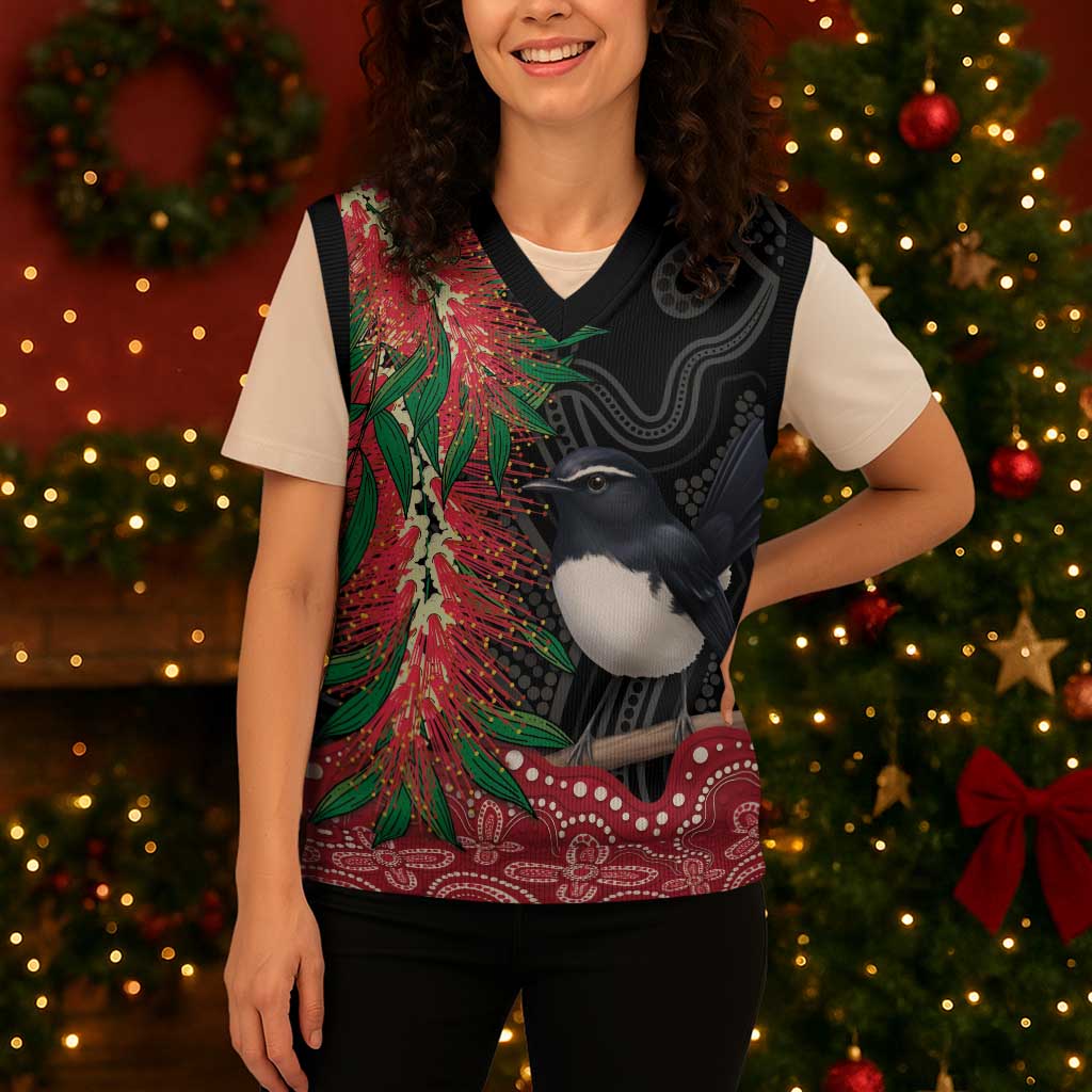 Willie wagtail Australia Christmas Knitted V-Neck Vest Aussie Bottlebrushes Aboriginal Art - Aussie Hoodie