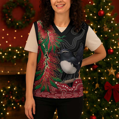 Willie wagtail Australia Christmas Knitted V-Neck Vest Aussie Bottlebrushes Aboriginal Art - Aussie Hoodie