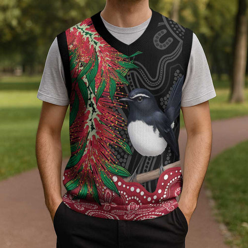 Willie wagtail Australia Christmas Knitted V-Neck Vest Aussie Bottlebrushes Aboriginal Art - Aussie Hoodie