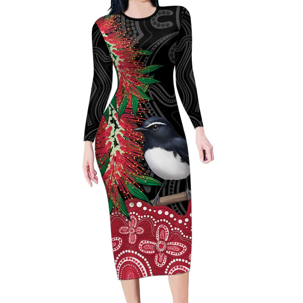 Willie wagtail Australia Long Sleeve Bodycon Dress Aussie Bottlebrushes Aboriginal Art - Aussie Hoodie