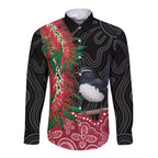 Willie wagtail Australia Long Sleeve Button Shirt Aussie Bottlebrushes Aboriginal Art - Aussie Hoodie