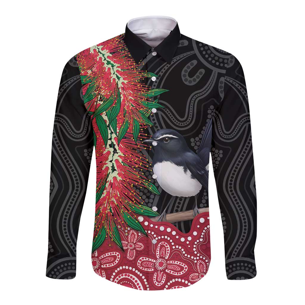 Willie wagtail Australia Long Sleeve Button Shirt Aussie Bottlebrushes Aboriginal Art - Aussie Hoodie