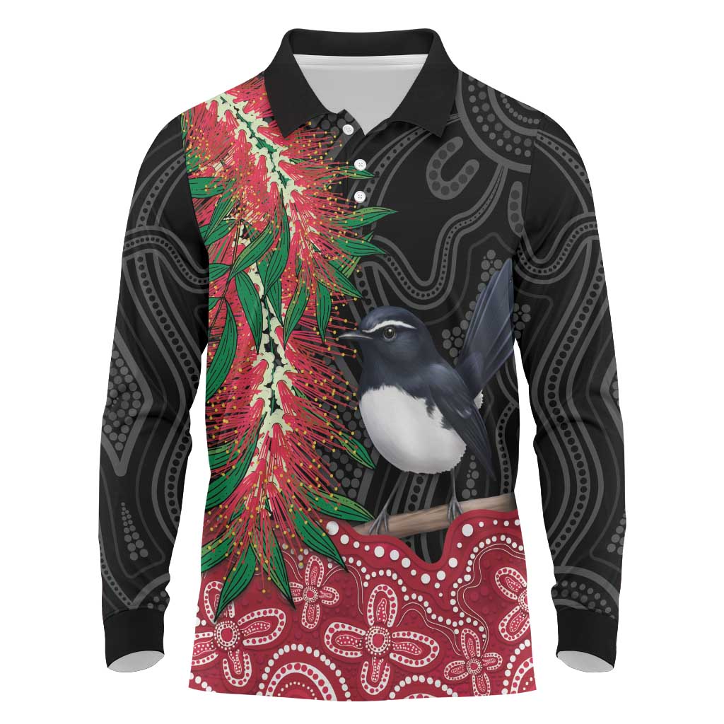 Willie wagtail Australia Long Sleeve Polo Shirt Aussie Bottlebrushes Aboriginal Art - Aussie Hoodie