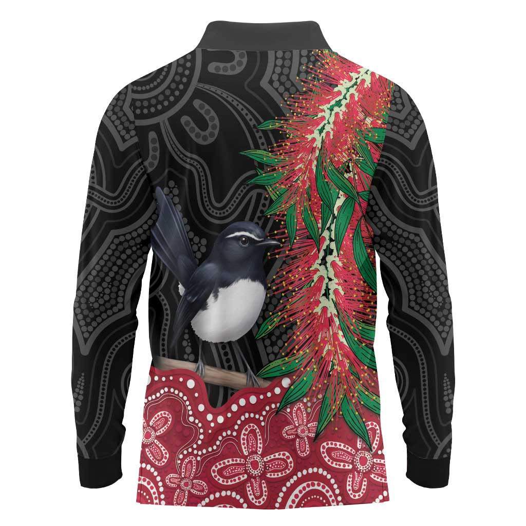 Willie wagtail Australia Long Sleeve Polo Shirt Aussie Bottlebrushes Aboriginal Art - Aussie Hoodie