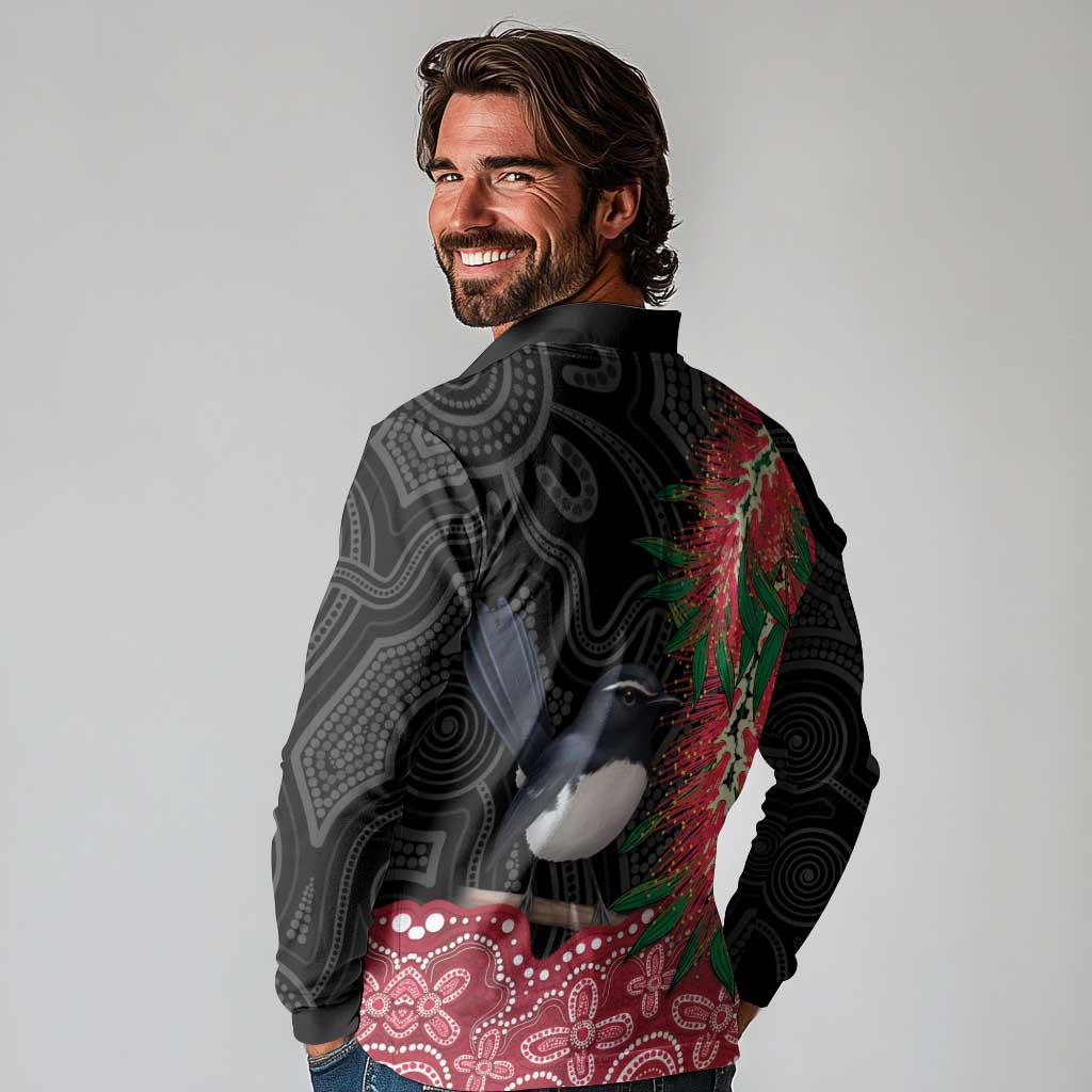 Willie wagtail Australia Long Sleeve Polo Shirt Aussie Bottlebrushes Aboriginal Art - Aussie Hoodie