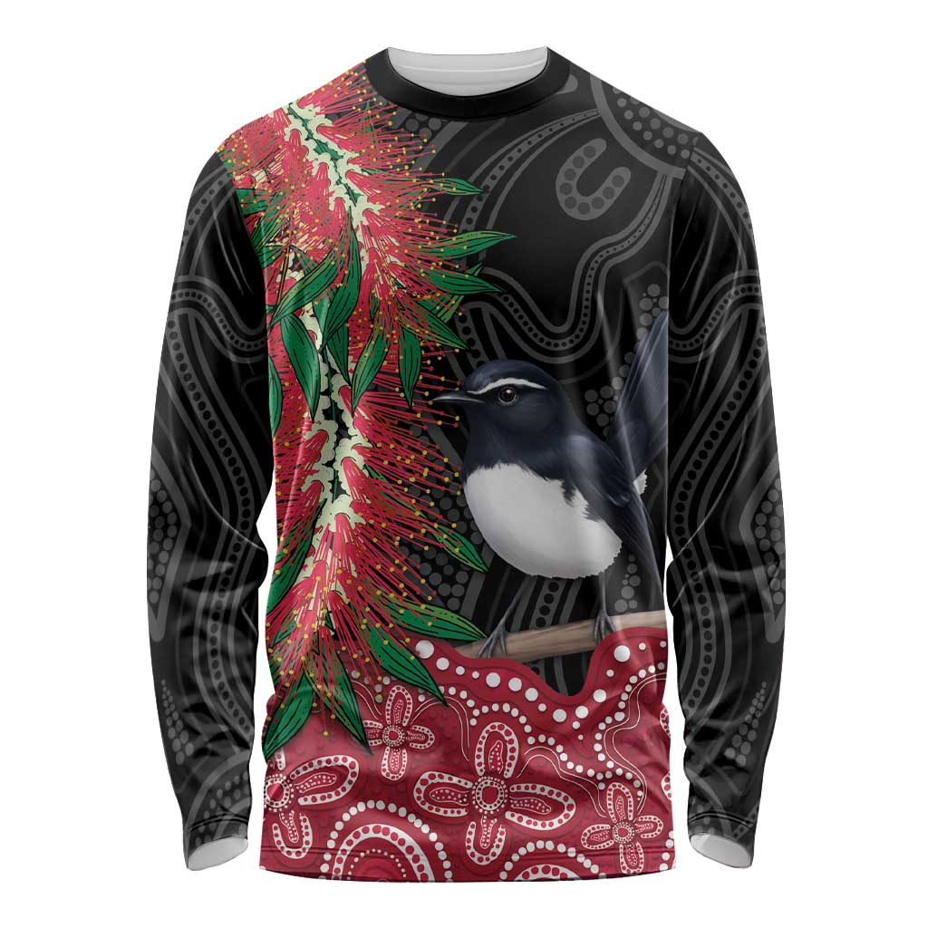 Willie wagtail Australia Long Sleeve Shirt Aussie Bottlebrushes Aboriginal Art - Aussie Hoodie