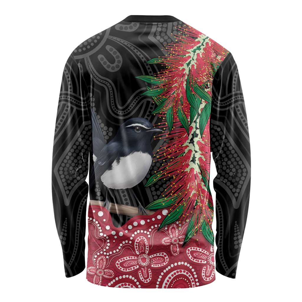 Willie wagtail Australia Long Sleeve Shirt Aussie Bottlebrushes Aboriginal Art - Aussie Hoodie
