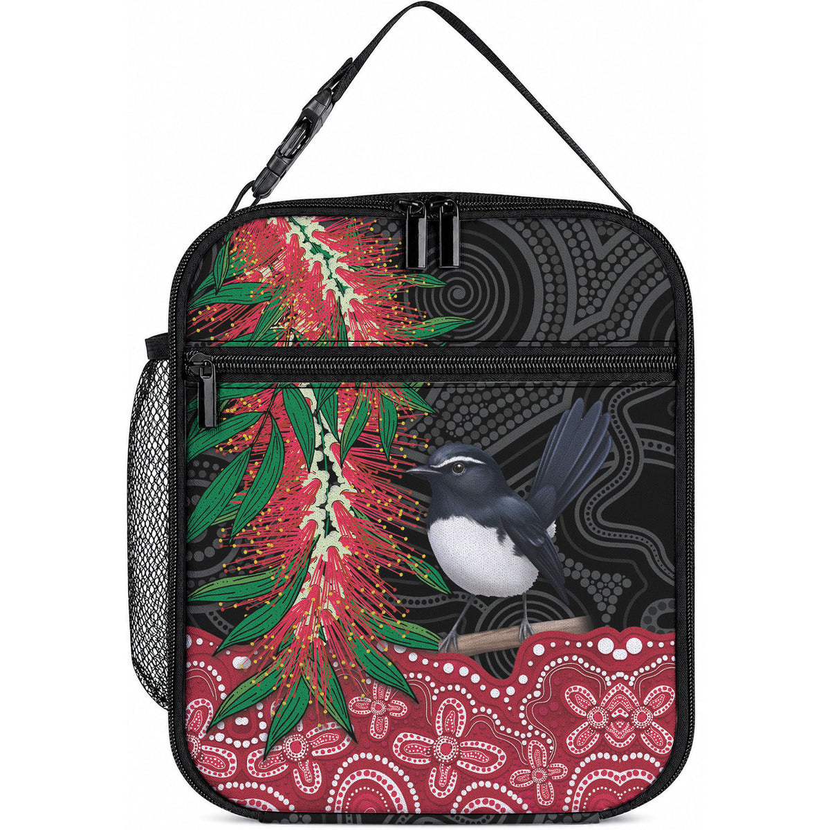 Willie wagtail Australia Lunch Bag Aussie Bottlebrushes Aboriginal Art