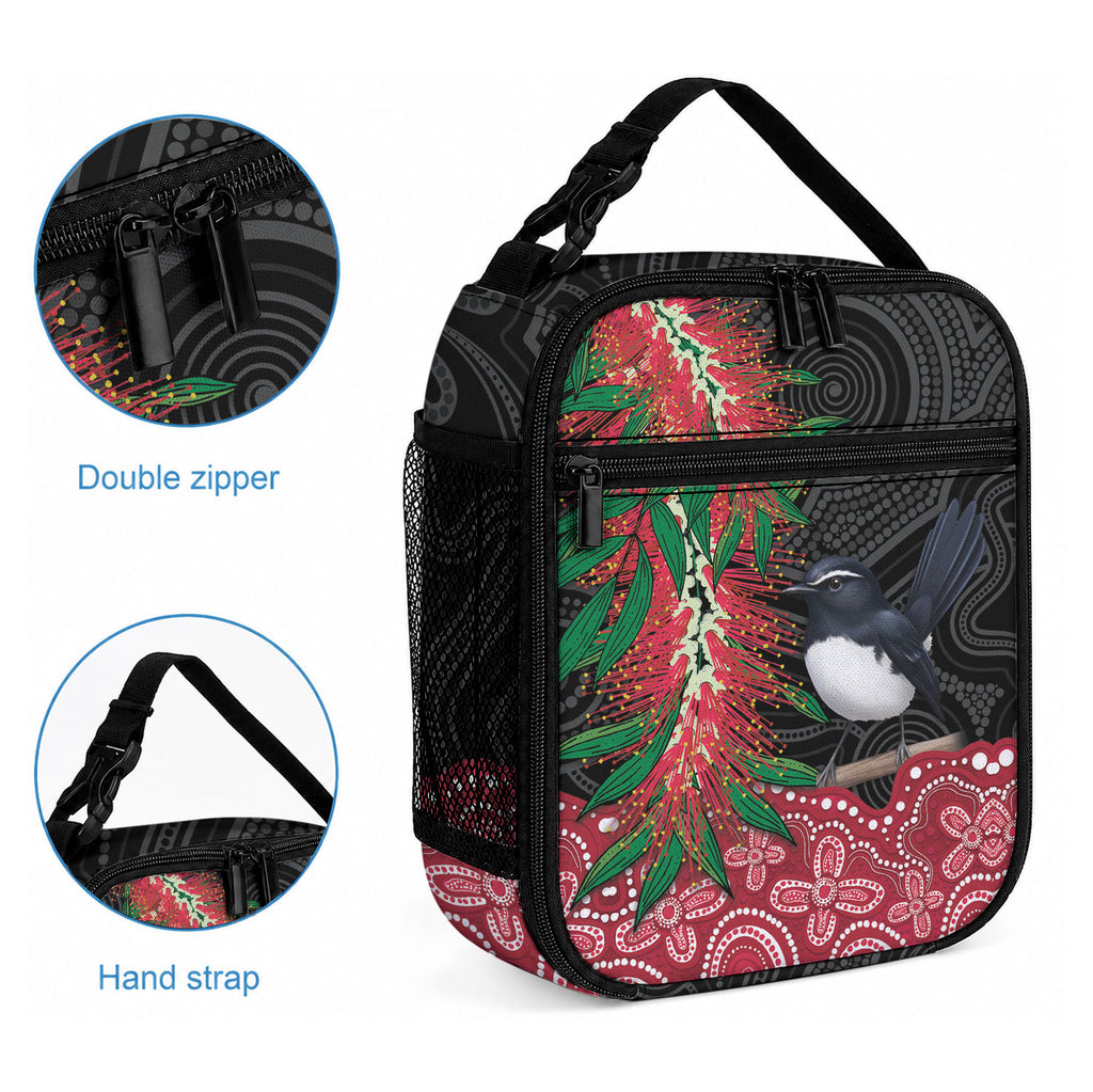 Willie wagtail Australia Lunch Bag Aussie Bottlebrushes Aboriginal Art
