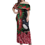 Willie wagtail Australia Off Shoulder Maxi Dress Aussie Bottlebrushes Aboriginal Art - Aussie Hoodie