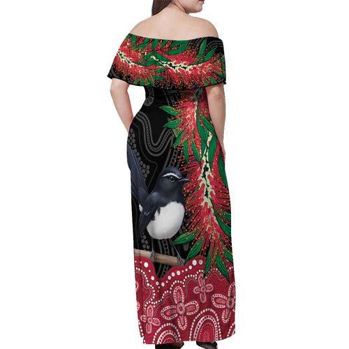 Willie wagtail Australia Off Shoulder Maxi Dress Aussie Bottlebrushes Aboriginal Art - Aussie Hoodie