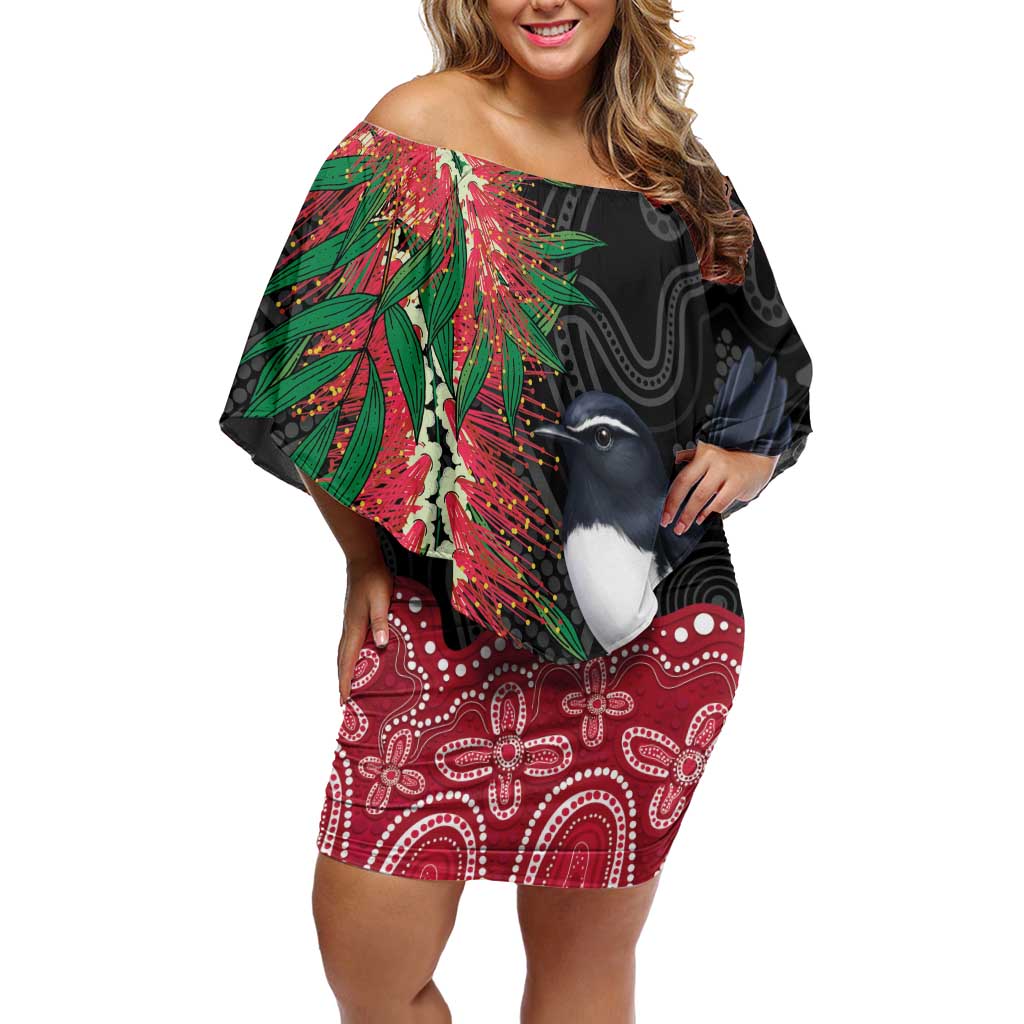Willie wagtail Australia Off Shoulder Short Dress Aussie Bottlebrushes Aboriginal Art - Aussie Hoodie