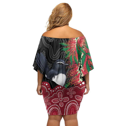 Willie wagtail Australia Off Shoulder Short Dress Aussie Bottlebrushes Aboriginal Art - Aussie Hoodie