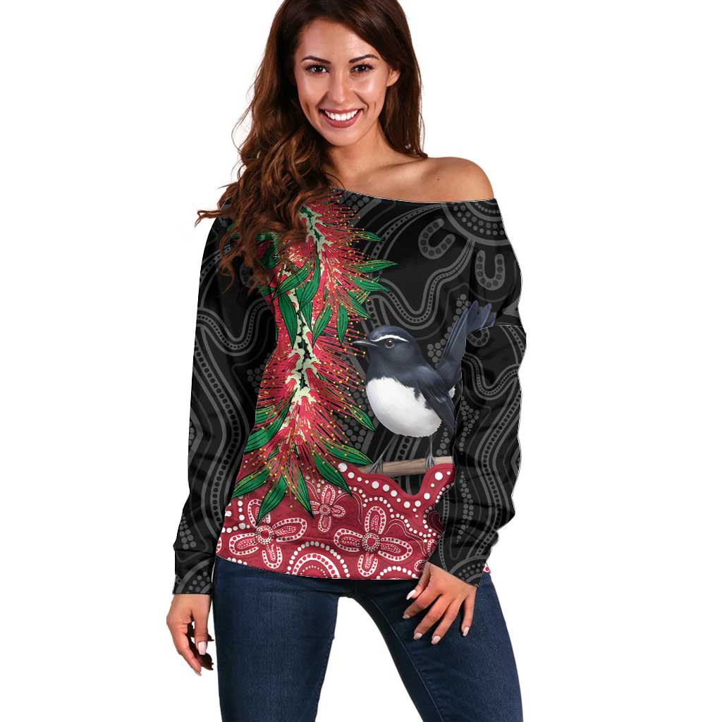 Willie wagtail Australia Off Shoulder Sweater Aussie Bottlebrushes Aboriginal Art - Aussie Hoodie