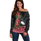 Willie wagtail Australia Off Shoulder Sweater Aussie Bottlebrushes Aboriginal Art - Aussie Hoodie