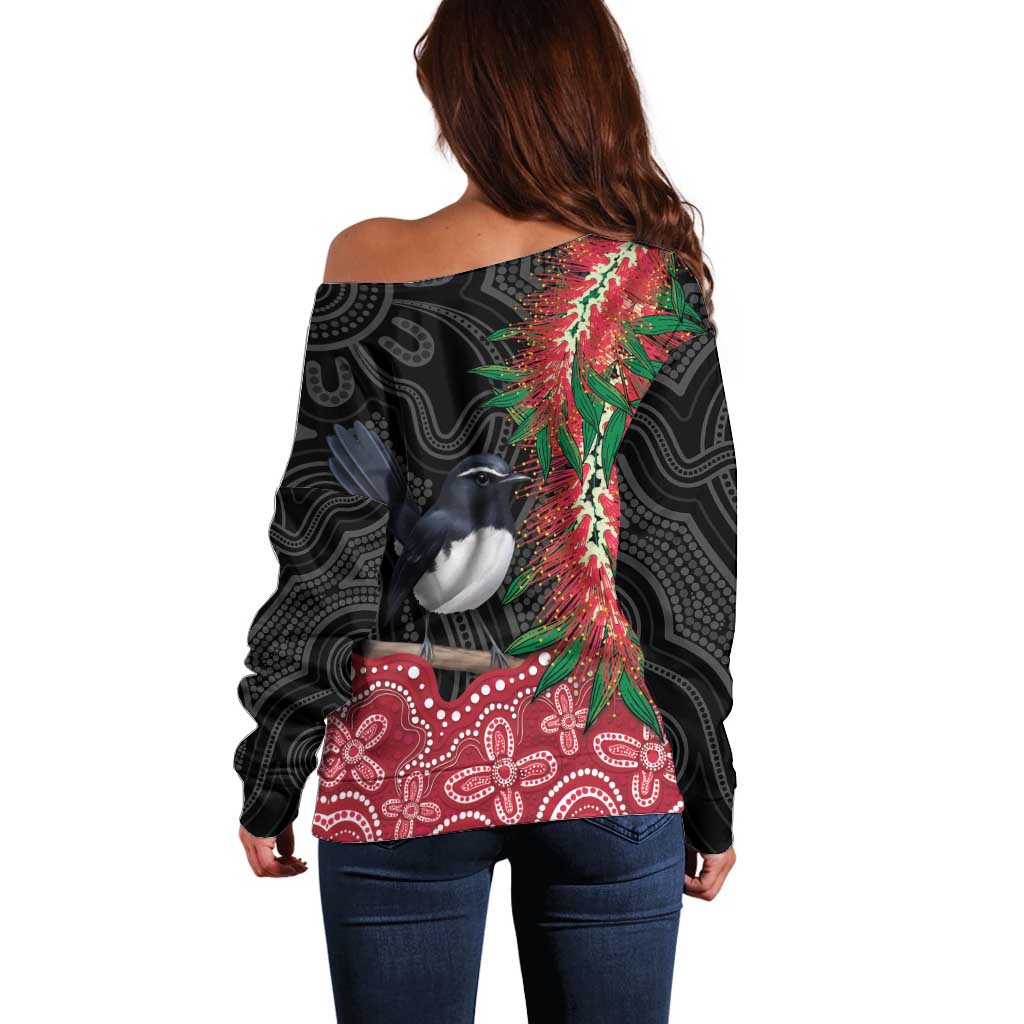 Willie wagtail Australia Off Shoulder Sweater Aussie Bottlebrushes Aboriginal Art - Aussie Hoodie