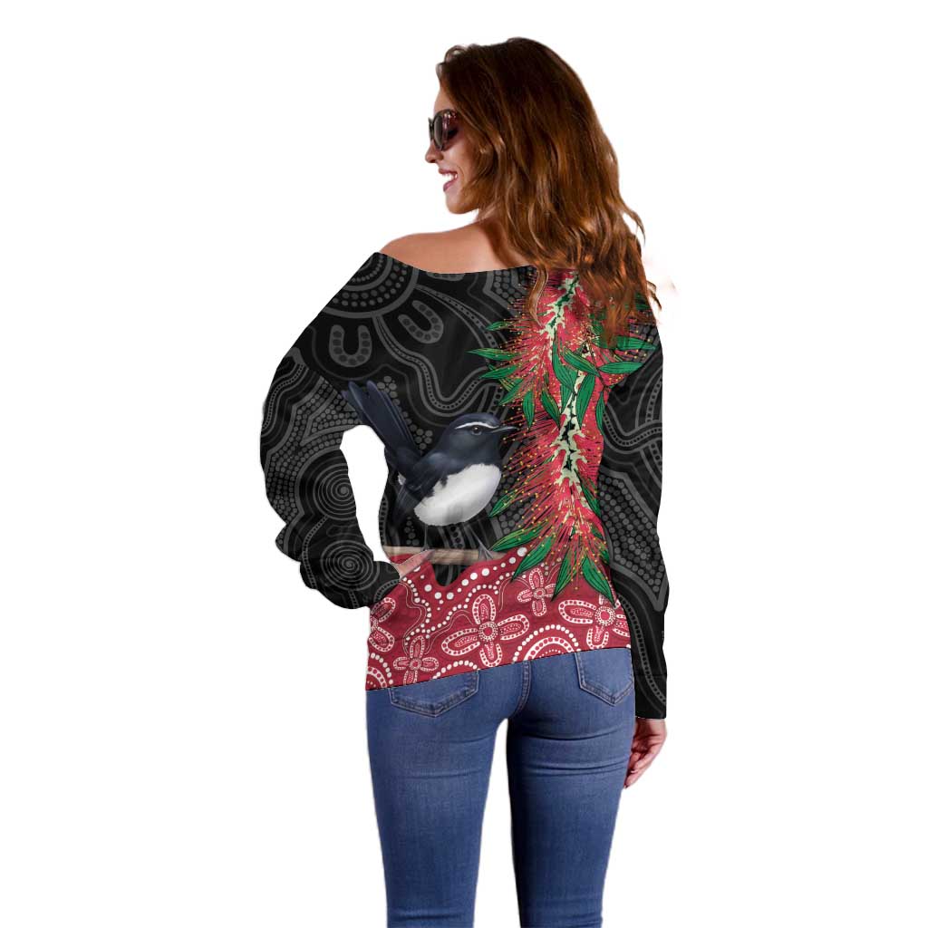 Willie wagtail Australia Off Shoulder Sweater Aussie Bottlebrushes Aboriginal Art - Aussie Hoodie