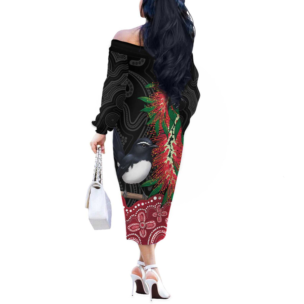 Willie wagtail Australia Off The Shoulder Long Sleeve Dress Aussie Bottlebrushes Aboriginal Art - Aussie Hoodie